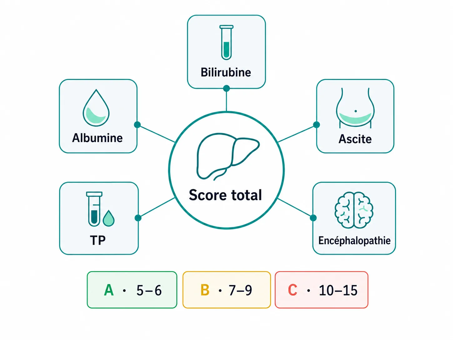 Carte des cinq paramètres du score de Child-Pugh et des classes A, B et C