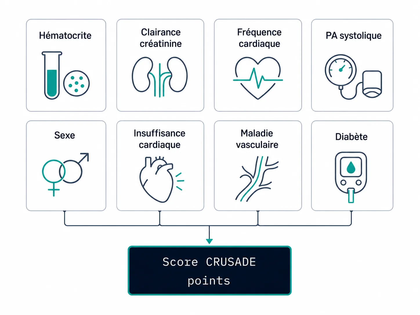 Schéma des huit variables pondérées du score CRUSADE