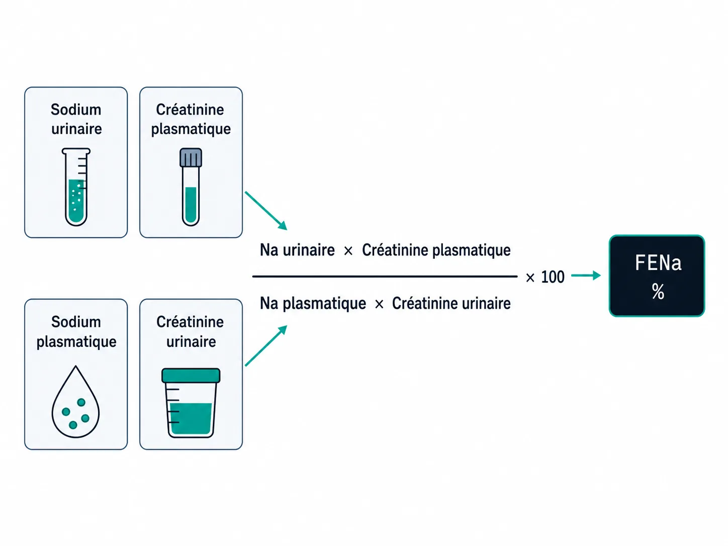 Schéma de la formule FENa utilisant sodium et créatinine urinaires et plasmatiques