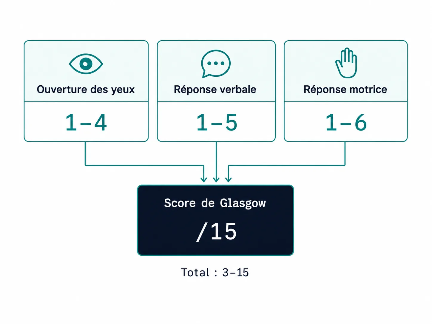 Schéma des trois composantes du score de Glasgow : yeux, réponse verbale et réponse motrice
