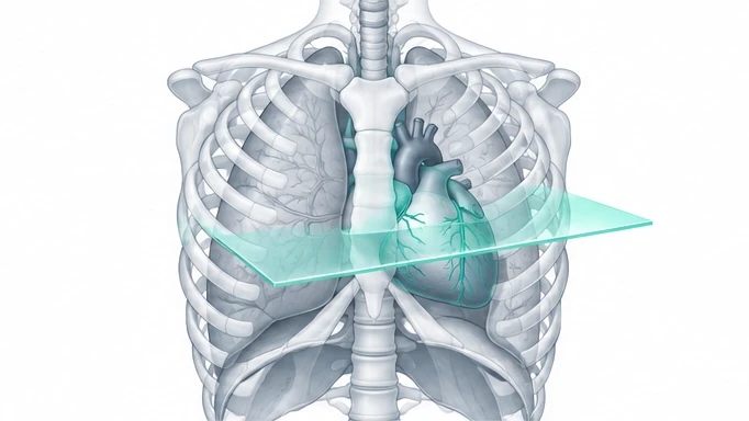 Modèle du thorax montrant les côtes, les poumons et le cœur traversé par un plan de coupe.