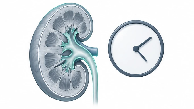 Rein en coupe accompagné d’une horloge pour évoquer le délai de la créatinine.