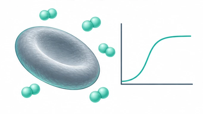 Globule rouge, molécules d’oxygène et courbe de dissociation schématique.