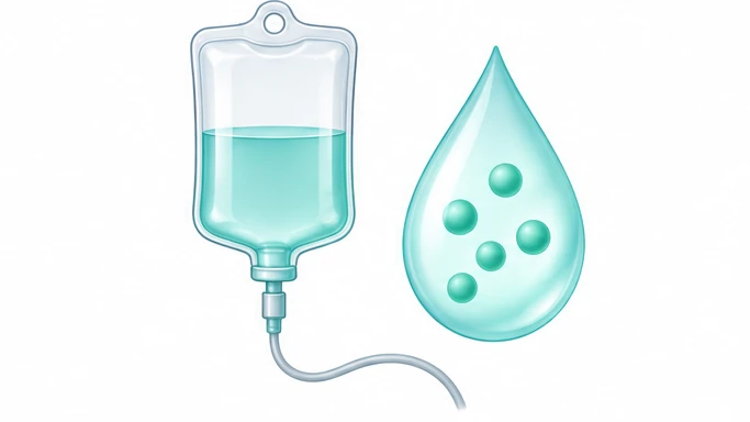 Poche de perfusion et goutte d’eau contenant des particules dissoutes.